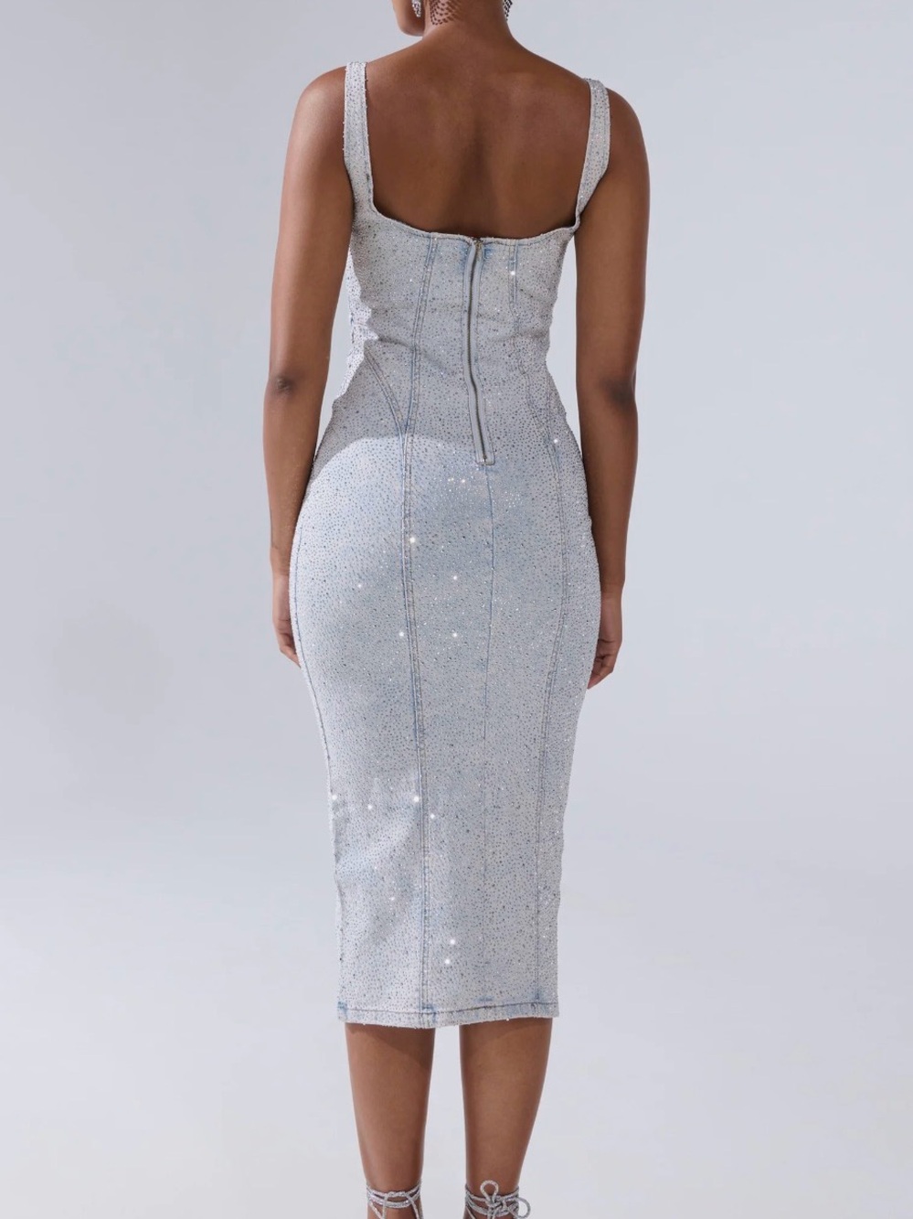 AKIRA Silver Sequin Square-Neck Midi Dress - Picture 2 of 5